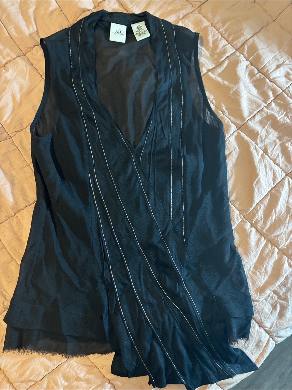 A/X Armani Exchange Black Sleeveless V-Neck Draped Blouse with Pinstripe Detail